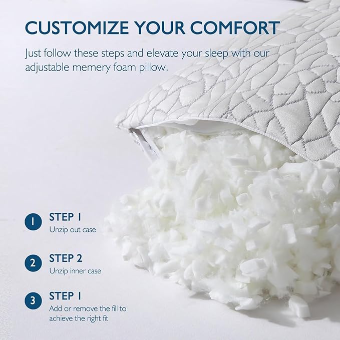 Dafinner Adjustable Shredded Memory Foam Pillow Standard/Queen Size - 100% Removable Cover from Bamboo Derived Rayon, Cooling Medium Bed Pillow for Side Stomach & Back Sleepers - Pack of 1, 20"x28"