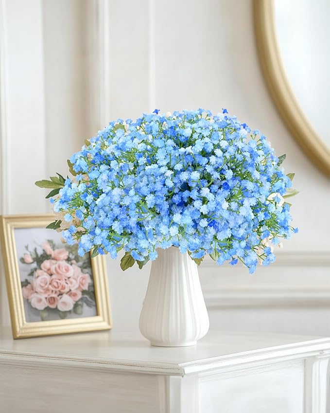 Babys Breath Artificial Flowers, 24Pcs Fake Baby Breath Flowers Artificial Bulk Faux Gypsophila Real Touch Flowers for Outdoors Wedding DIY Bouquet Arrangement Party Home Garden Decor, Blue