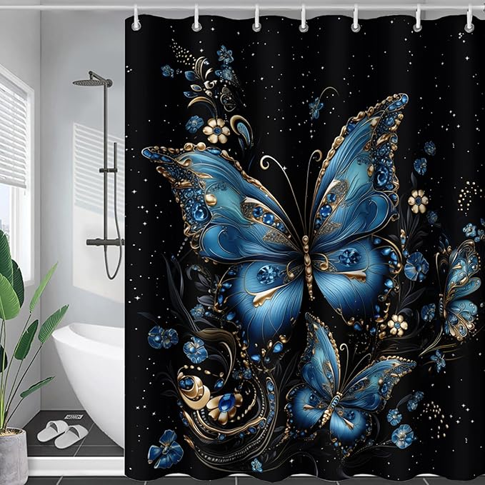 AILONEN Butterfly Shower Curtain for Bathroom, Blue Butterfly Waterproof Shower Curtain,Modern Fashion Minimalist Shower Curtain Bathroom Decor with 12 Plastic Hooks 60" W*72" H