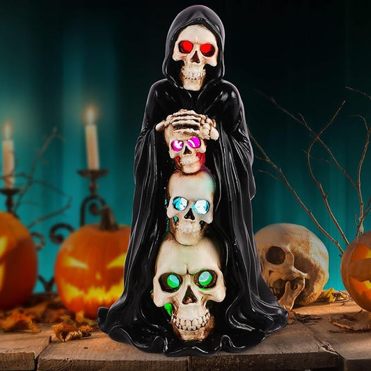 Grim Reaper Skull Halloween Decor - Solar - Powered Resin Statue, Unique Skeleton Head & Skulls Garden Decor, Ideal Spooky Gift
