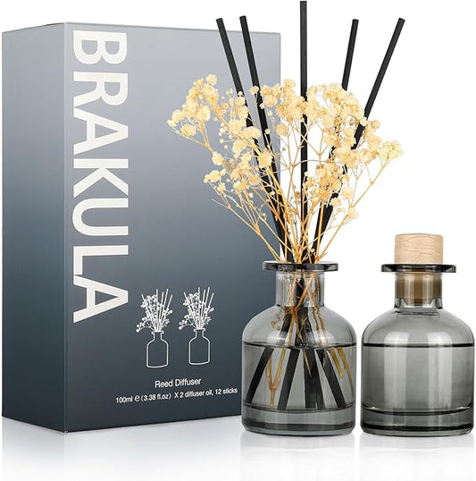 Brakula 2 Pack Reed Diffuser, White Jasmine + Bamboo (3.38 fl oz Each Pack), Home Fragrance with 12 Sticks, Shelf Decor, Reed diffusers for Home