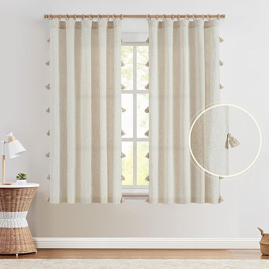jinchan Boho Curtains 63 Inch Long 2 Panels, Linen Blend Farmhouse Drapes with Tassels for Bedroom, Light Filtering Cottage Core Curtians with Fringe, W50 x L63 with Rod Pocket Back Tab,(Ecru)