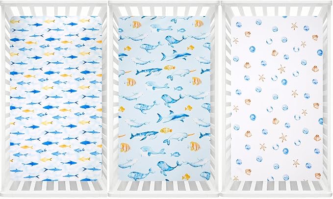 david's kids 3 Pack Fitted Crib Sheets, Ultra Soft Breathable Comfortable Baby Sheet Set for Boys Girls Neutral, 28x52 Inch Fits Standard Crib and Toddler Mattresses, Whale