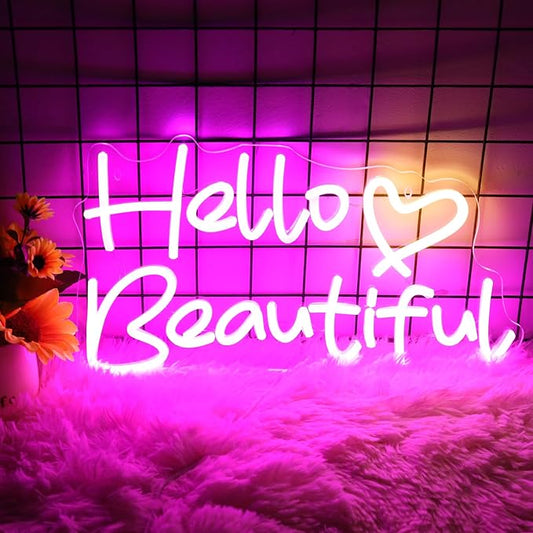 Hello Beautiful Neon Signs, Led Neon Light for Wall Decor for Bachelorette Party Birthday Engagement Party Wedding Decoration with Switch 22 x 12.3''(Pink + Warm White Heart)