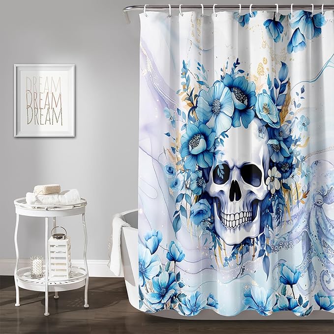 AILONEN Sugar Skull Blue Shower Curtain, Watercolor Floral Skull Octopus Printed Bath Curtain,Bathroom Waterproof Shower Curtain for Boys Girls 72" W x 96" H,with 12 Plastic Hooks