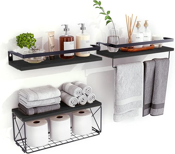 Bathroom Shelves with Wire Storage Basket, Floating Shelves Over Toilet with Protective Metal Guardrail, Wall Shelves for Bedroom, Living Room, Kitchen and Bathroom Toilet Paper