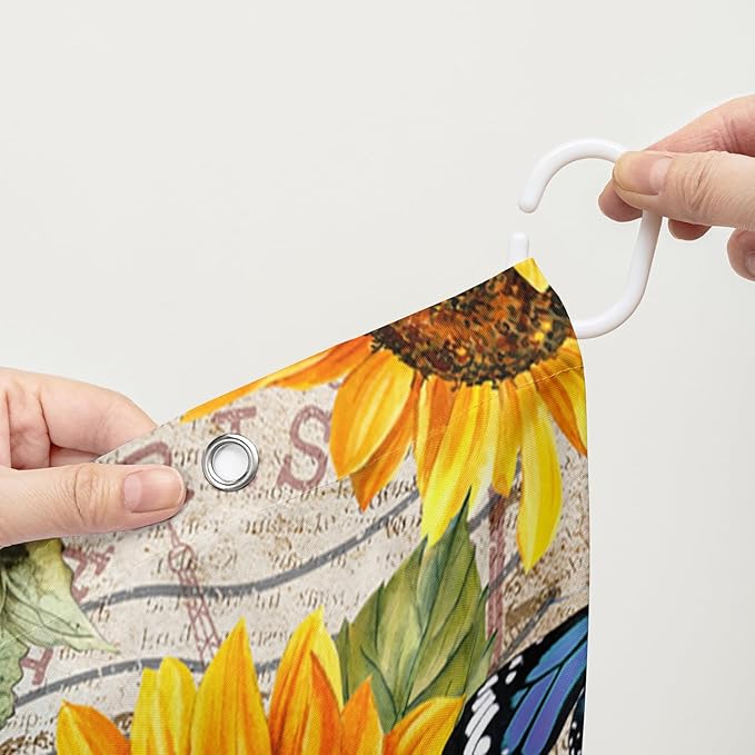 AILONEN Girls Sunflower Shower Curtain,Butterfly Sunflower Bath Curtain for Kids Women,Vintage Yellow Flower Decor Bathroom Curtain with 12 Plastic Hooks, 48" W x 72" H