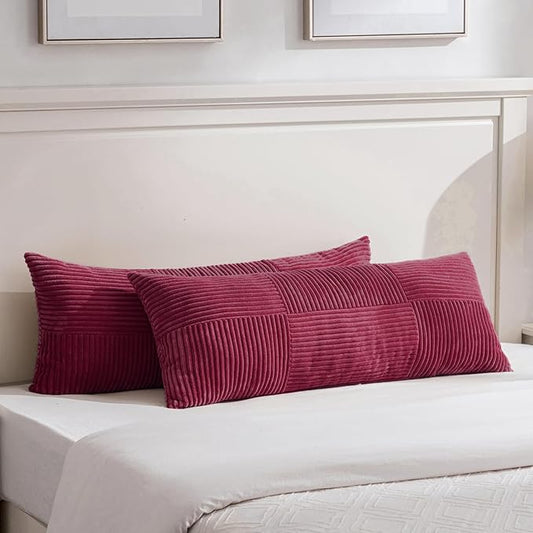 Fancy Homi Set of 2 Burgundy Boho Long Lumbar Body Decorative Throw Pillow Cover 14x36 Inch for Bed Couch Bedroom Bench, Soft Patchwork Corduroy Textured Pillow Case, Rustic Farmhouse Room Décor