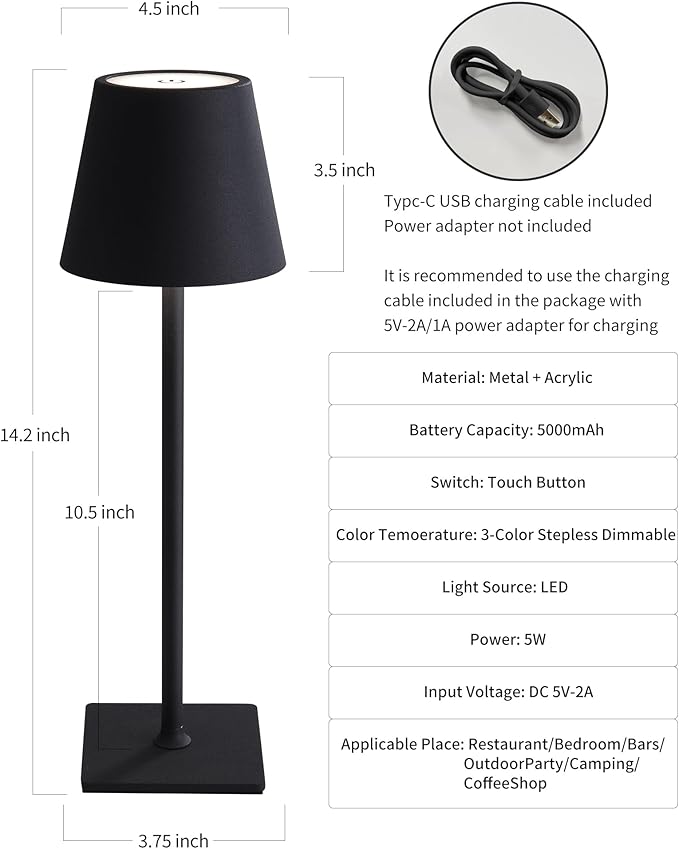 KDG 2 Pack Cordless Table Lamp,Portable LED Desk Lamp, 5000mAh Battery Operated, 3 Color Stepless Dimming Up, for Restaurant/Bedroom/Bars/Outdoor Party/Camping/Coffee Shop Night Light(Black)