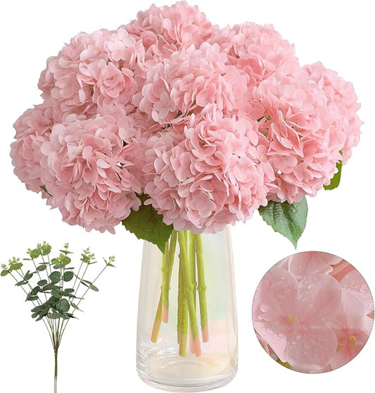 Tifuly Fake Hydrangea Artificial Flowers with Vase 4pcs Real Touch Faux Hydrangea with 3pcs Eucalyptus Stems for Wedding Centerpiece Home Party Table Decoration（Pink）