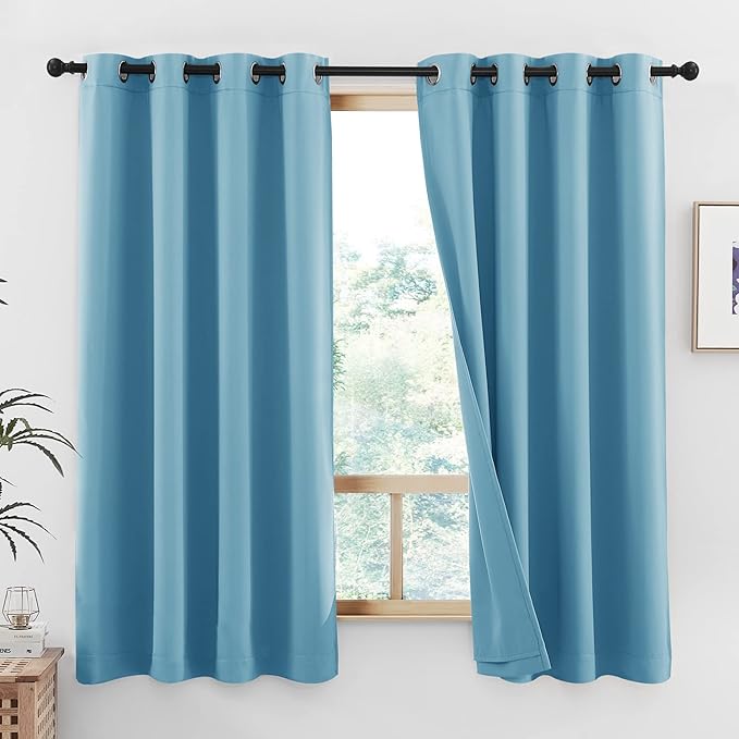 NICETOWN 100% Blackout Curtains with Same Color Liners, Thermal Insulated Full Blackout Lined Drapes, Energy Efficiency Window Draperies for Boy's Room (Teal Blue, 2 Panels, 52-inch W by 45-inch L)