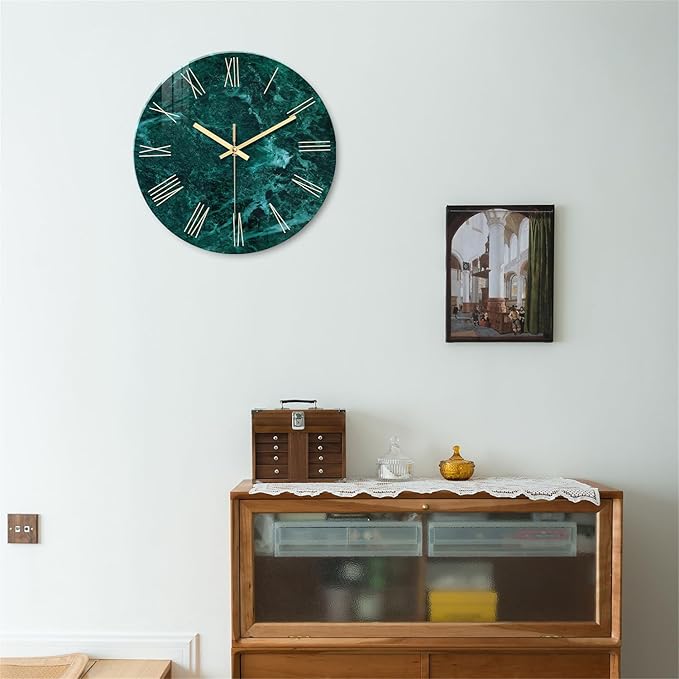 Teal Glass Wall Clock Battery Operated 20 Inch Large Wall Clocks for Living Room Decor Marble Minimalist Wall Clock Silent