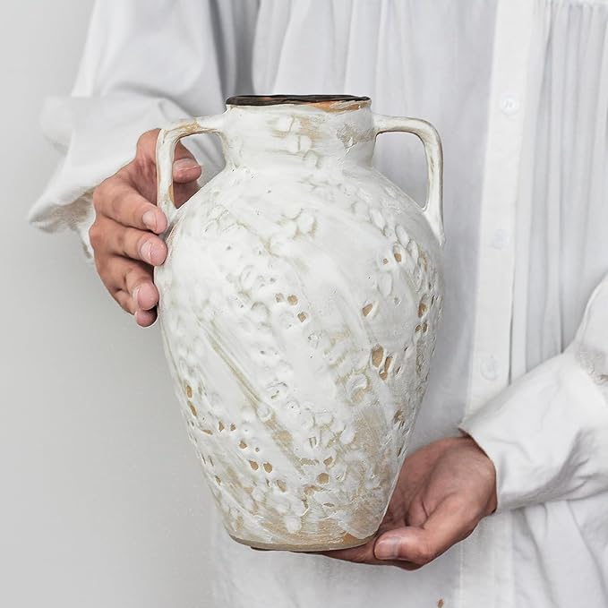 White Ceramic Rustic Vase with 2 Handles,10'' Vintage Farmhouse Stoneware Clay Flower Vase, Boho Pottery Terracotta Handmade Decorative for Home Living Room Kitchen