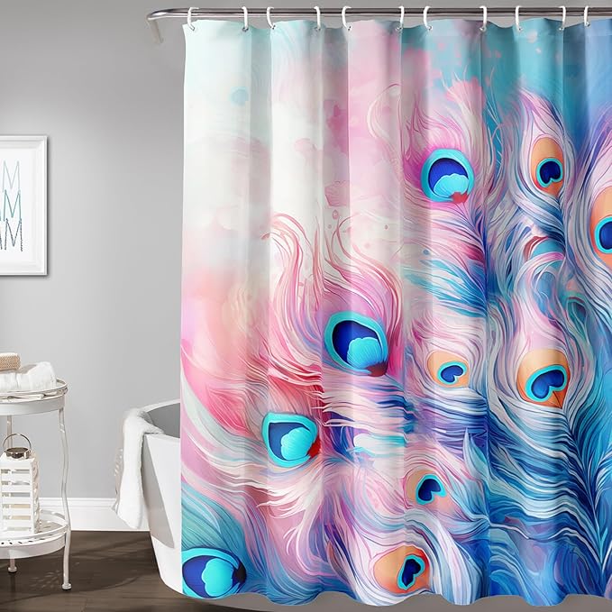 AILONEN Peacock Shower Curtain for Bathroom, Pink and Blue Peacock Feather Print Shower Curtain,Fashion Tie Dye Bath Curtain for Girls Women Waterproof 72" W*78" H