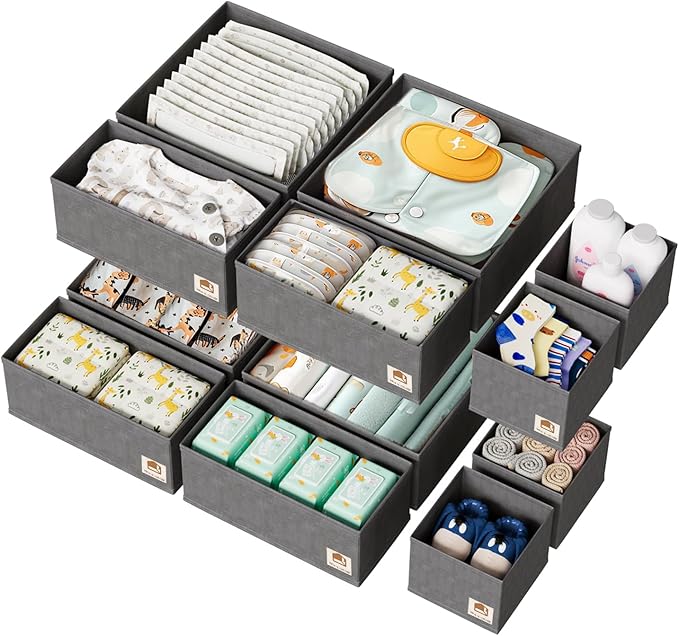 Sturdy Drawer Organizers (12-Pack) - Fabric Dresser Drawer Organizers & Dividers for Nursery Organization, Baby Organizers and Storage for Clothes, Socks & Underwear, Grey