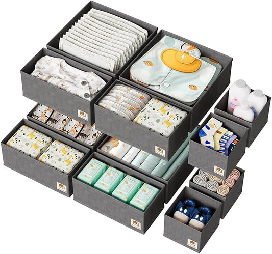 Sturdy Drawer Organizers (12-Pack) - Fabric Dresser Drawer Organizers & Dividers for Nursery Organization, Baby Organizers and Storage for Clothes, Socks & Underwear, Grey