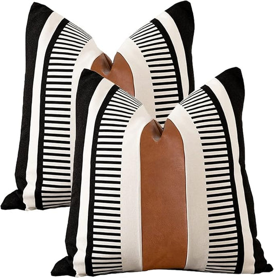 Set of 2 Farmhouse Stripe Throw Pillow Covers 26x26 Large Accent Cushion Cover Black and White Faux Leather Decorative Pillowcase for Sofa Couch Chair Bedroom Modern Decor