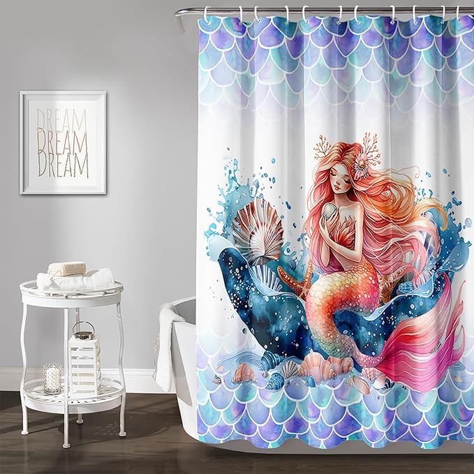 AILONEN Mermaid Shower Curtain,Watercolor Whale and Mermaid Bath Curtain,Beautiful Mermaid Princess Shower Curtain Ocean Fish Scale Print Curtain Waterproof with 12 Plastic Hooks, 72" W*78" H