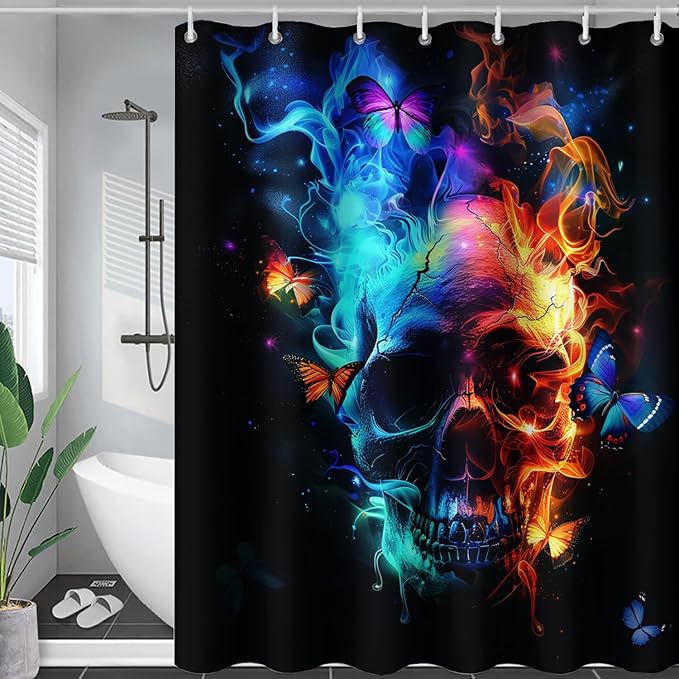 AILONEN Sugar Skull Shower Curtain for Bathroom,Blue and Red Smoky Skull Bath Curtain Decoration,Starry Butterfly Skull Skeleton Print Waterproof Shower Curtain with 12 Plastic Hooks, 36" W*72" H