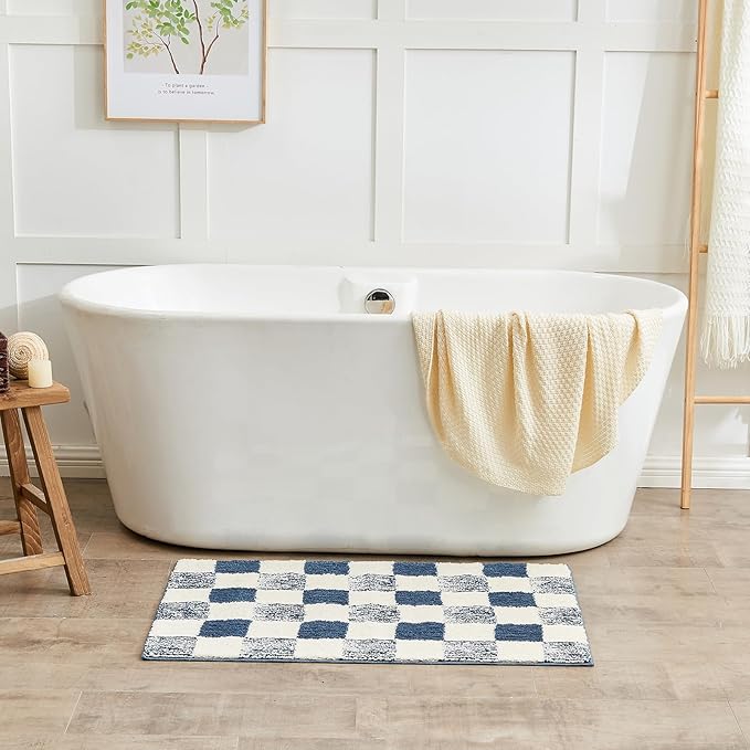 CozeCube Checkered Bath mats for Non Slip, Fluffy Absorbent Microfiber Bath mat Washable, Aesthetic Bathroom Rugs, Cute Bath mat for Shower Sink, Dark Blue, 24" x 16"