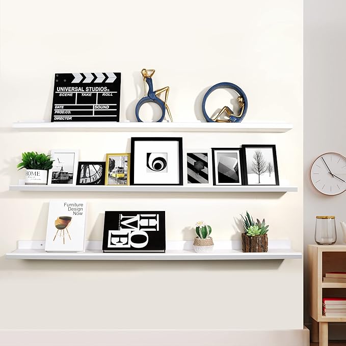 Annecy Floating Shelves Set of 3, 47 Inch White Rustic Wood Shelves for Wall, Wall Storage Shelves with Guardrail Design for Bedroom, Bathroom, Kitchen, Office, 3 Different Sizes