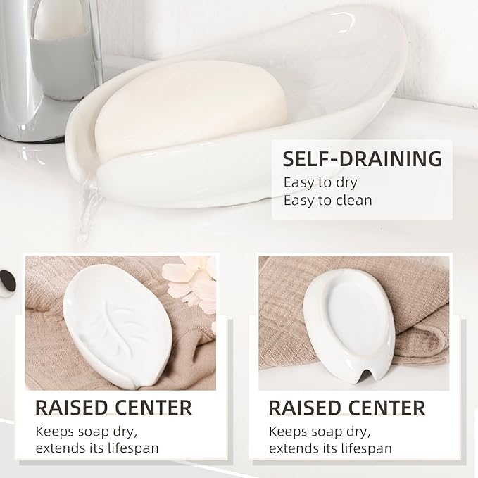 Soap Holder, Self Draining Soap Dishes 2PCS, Leaf Shape Ceramic Bar Soap Holder Drain Soap Dishes for Bathroom Sink Kitchen, Easy to Clean Keeps Soap Dry, White, ANTIS'S HOME
