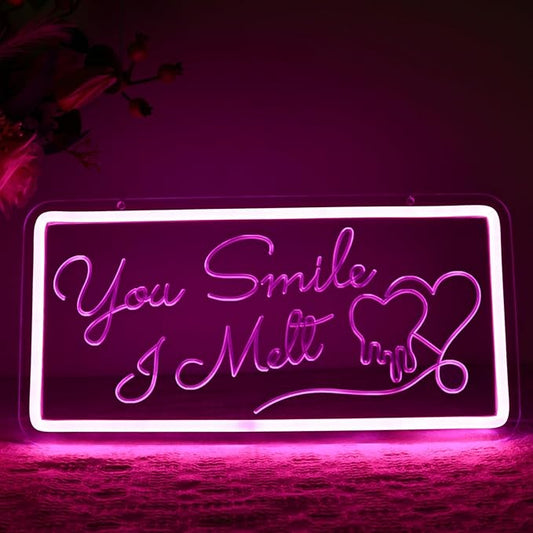 Neon Sign for Wall Decor, You Smile, I Melt Neon Signs, Pink Led Light Neon Signs with Dimmable Switch, USB Powered, Bedroom, Birthday, Living Room Decor, Girlfriend Gift