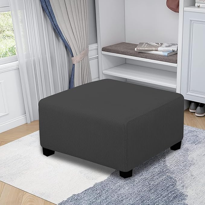 Easy-Going Stretch Ottoman Cover Folding Storage Stool Furniture Protector Soft slipcover with Elastic Bottom (Medium,Dark Grey)