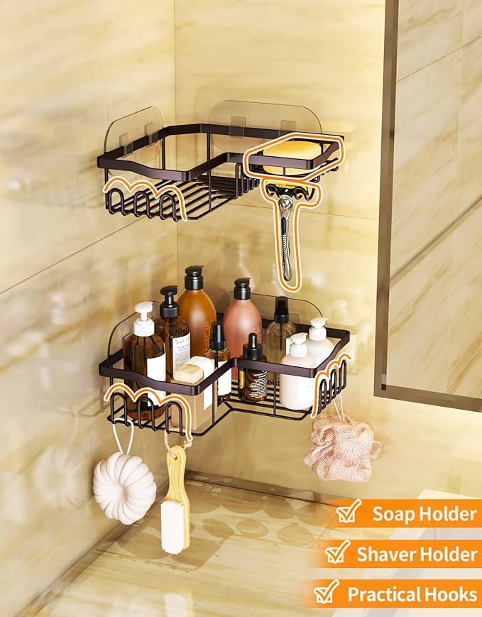 SWTYMIKI Stainless Steel Corner Shower Caddy, Shower Storage Basket Shelves with 11 Hooks, 2-Pack Shower Organizers Built-in Soap Holder No Drilling Shower Racks for Bathroom, Bronze