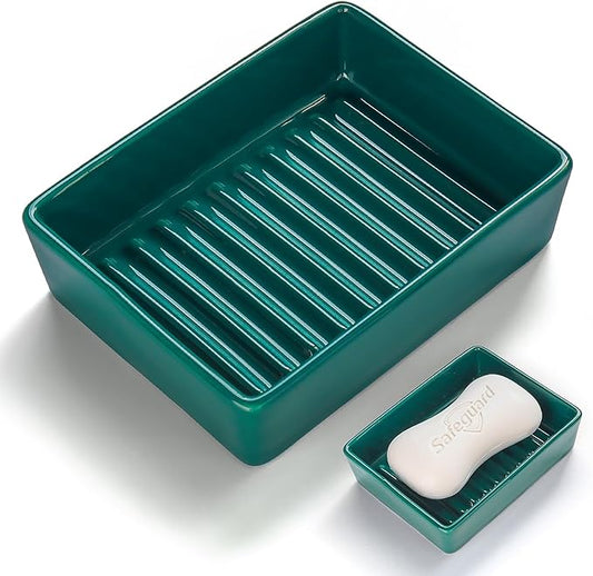 Green Soap Dish，Ceramic Soap Dishes for Sink Bathroom Shower Kitchen, Easy to Clean Keeps Soap Dry, Multi-Purpose Non-Slip Soap Tray (Dark Green)