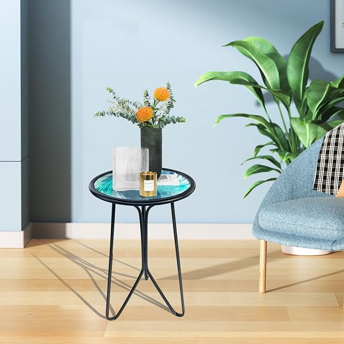 LIFFY Patio Side Table, Small Round End Table, Metal Side Table Outdoor, Small Porch Table for Indoor Balcony Furniture Decor (Blue Glass 12inch)