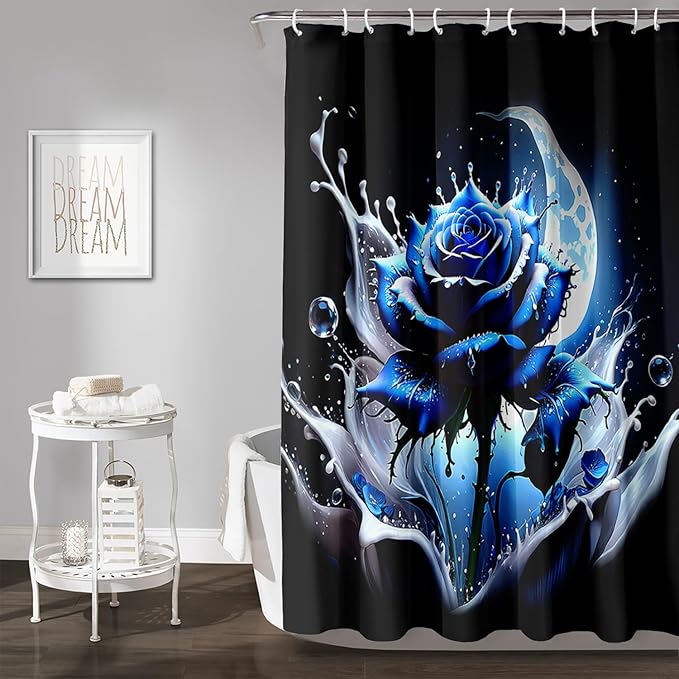 AILONEN 3D Rose Shower Curtain for Bathroom, Evening Moon Blue Rose Bath Curtain for Girls Women, Modern Floral Print Minimalism Shower Curtain Waterproof with 12 Plastic Hooks 60" W*72" H
