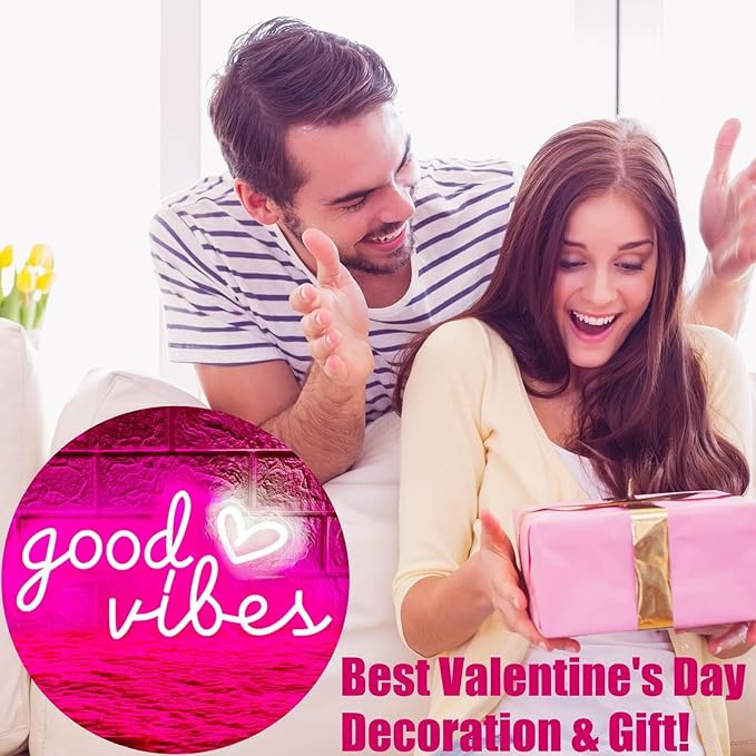 Good Vibes Neon Sign for Wall Decor, Good Vibes Neon Lights Sign, 16"x8" Heart and Good Vibes LED Signs for Bedroom Wall, USB Operated Pink Goodvibes LED Neon Lights Sign for Room Wall Decor