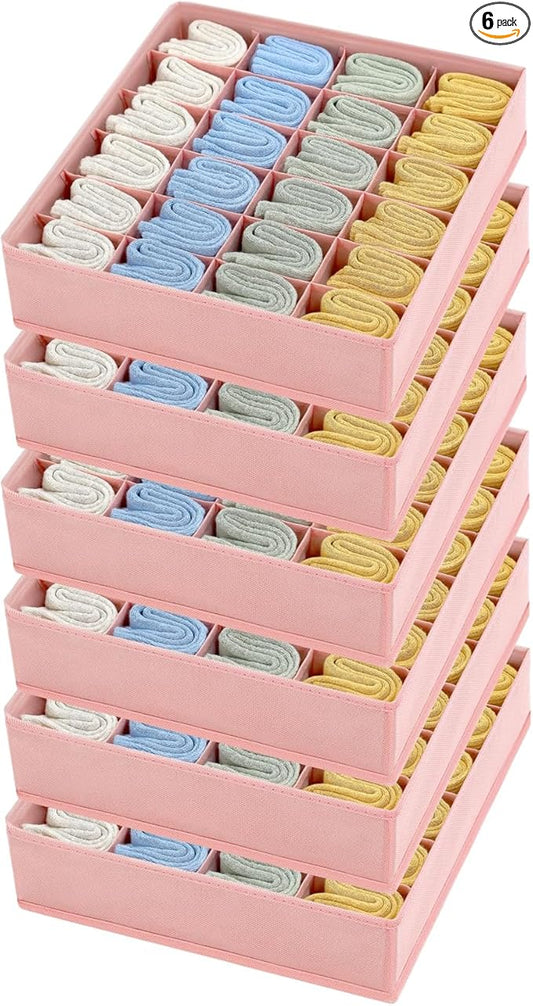 Joyoldelf Sock Organizer Drawer Organizer - Underwear Organizer, 24 Cell Collapsible Closet Organizers and Storage Sock Holders Organizers for Storing Socks, Ties, Belts 6 Pack Pink
