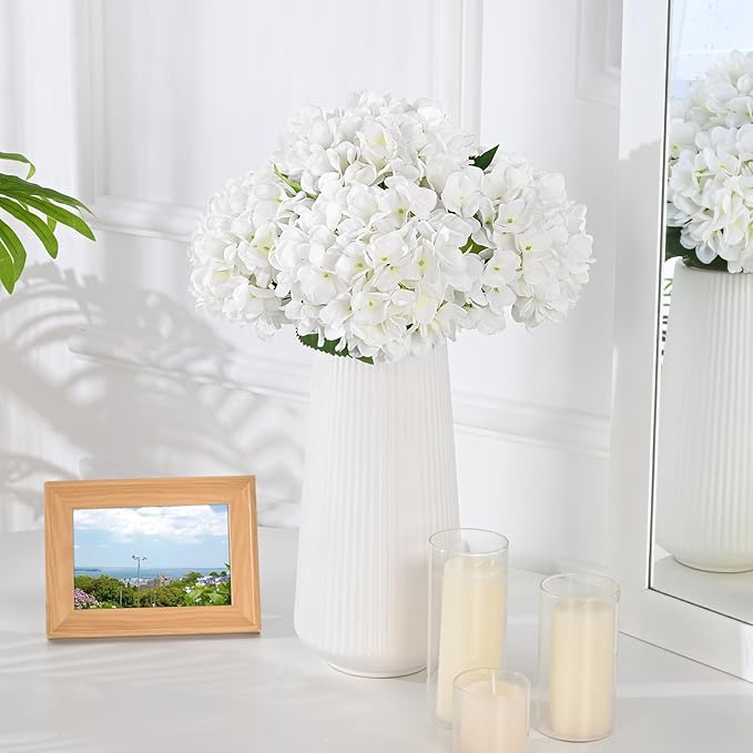 BLEUM CADE 8 Pcs White Hydrangea Artificial Flowers with Stems, 18In Large Fake White Flowers, Faux Hydrangea Flower for Home Decor Spring Wedding Table Centerpieces Decoration