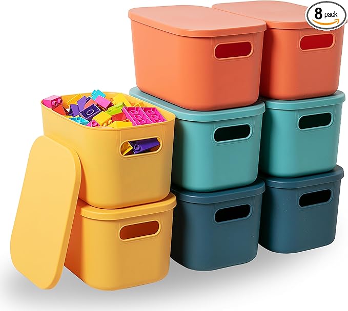 Plastic Storage Bins with Lid, Stackable Storage Containers for Organizing, Storage Baskets for Shelves Kitchen Bathroom Playroom Classroom Office (Small (8 PCS))