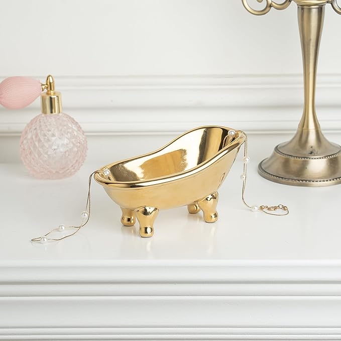 5.6" Ceramic Mini Bathtub Soap Dish Decortative Clawfoot Bathroom Soap Dish (Golden)