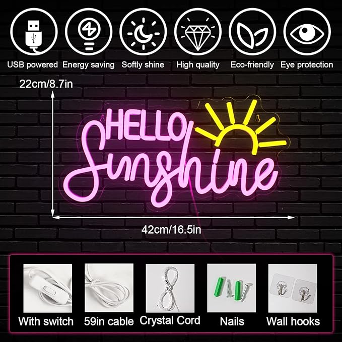 Hello Sunshine Neon Led Sign, Sunrise Neon Signs for Wall Decor, Sunshine Neon Light Sign for Room Decor, Bedroom, Livingroom, Summer, Windows