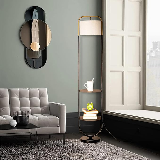 beaysyty Modern Elegant with Double Tray Floor Lamp for Office Cafe Den Living Room Bedroom,Foot Switch and Black Finish,Beige Cloth Lampshade Arc Floor Lamp
