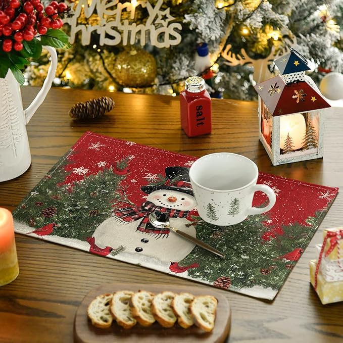 Artoid Mode Red Snowman Trees Bird Christmas Placemats Set of 8, 12x18 Inch Seasonal Winter Table Mats for Party Kitchen Dining Decoration