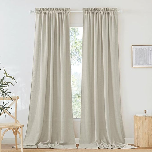 RYB HOME Linen Sheer Curtains Rich Linen Woven Soft Absorbent Drapes UV Rays Protection Light Filtering for Party Backdrop, Farmhouse, Doorway, Lobby, Hotel, W 52 x L 108 inch, 2 Pack, Angora