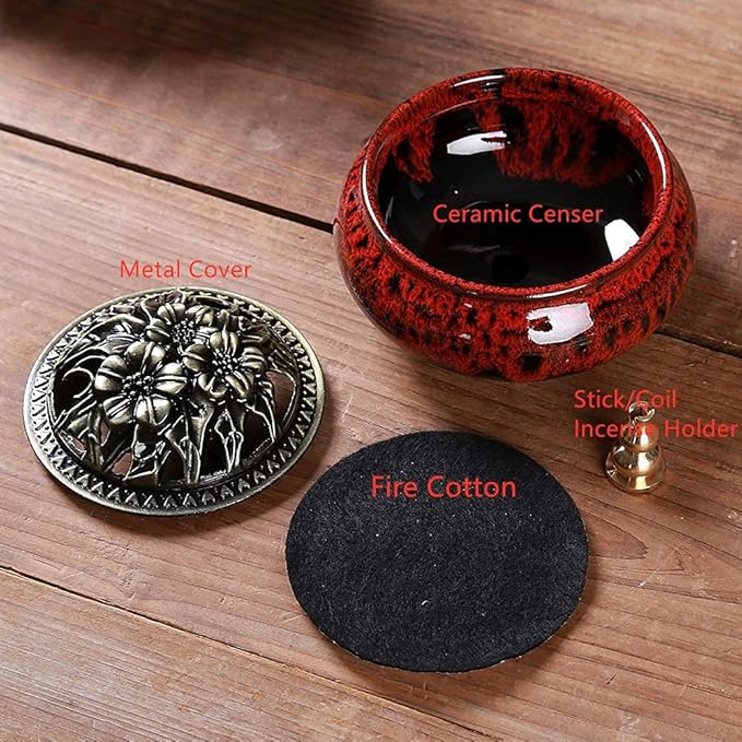 Ceramic Incense Burner with Incense Stick Holder + Insulation use for Stick or Coil Incense, Sage Cones and Frankincense (Fambe Red)