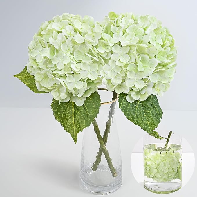 MARTINE MALL 2Pcs 21in Hydrangea Artificial Flowers, Latex Real Touch Hydrangeas Lifelike Large Hydrangea Flowers for Home Decor Party Arrangements Wedding Bouquets Centerpieces (Light Green)
