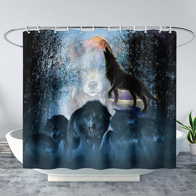 AILONEN Boys Wolf Shower Curtain for Bathroom Decor,3D Howling Wolf Ferocious Wolf Wildlife Decor Bath Curtain 60" W*72" H Polyester Fabric Waterproof Bathroom Curtain with 12 Hooks
