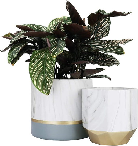 LA JOLIE MUSE White Ceramic Flower Pot Garden Planters 6.7 + 5.4 Inch Indoor, Plant Containers in a Marble Ink Pattern with Gold and Grey Detailing