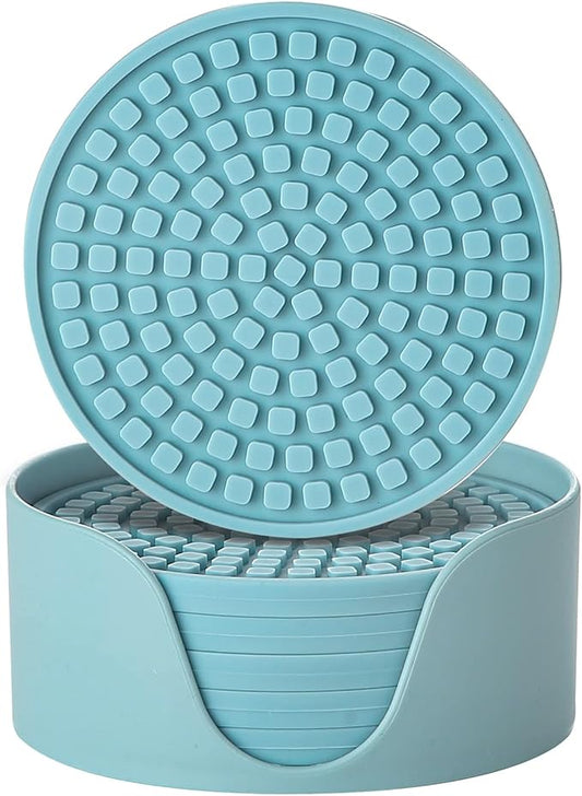 Colinda Silicone Drink Coasters with Holder, Set of 6, Outdoor Cup Mat for Hot or Cold Drinks, Thickened, Non-Slip,Non-Stick, Turquoise