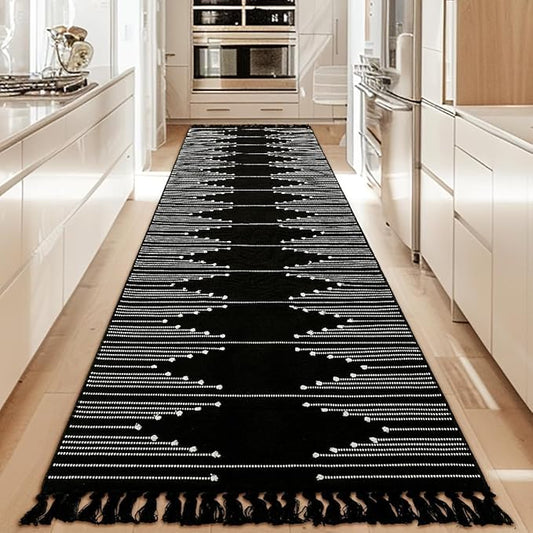 Tritard Boho Hallway Runner Rug 2x12 - Washable Area Rug Farmhouse Aztec Cotton Long Thin Rugs with Tassels Kitchen Bathroom Lightweight Woven Low Pile Carpet for Entryway, Bedroom, Black and White