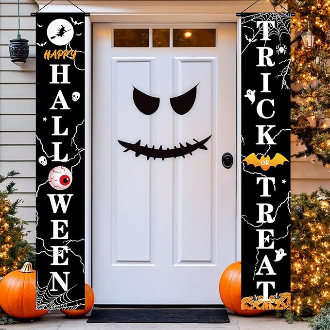 Halloween Door Decorations Outdoor Trick or Treat Banners Halloween Hanging Welcome Signs for Front Porch Yard Garland Garden Party Supplies Indoor Witch Wall Decor