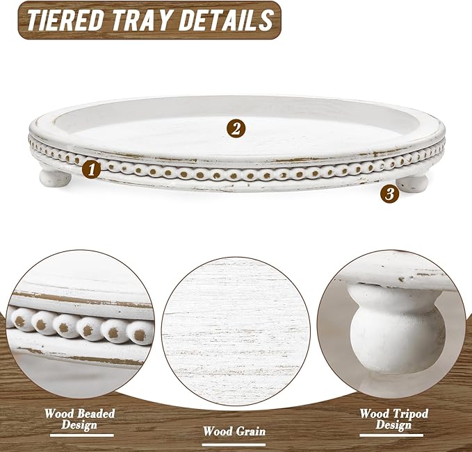 KULEDM White Washed Round Wooden Tray, Beaded Tray for Coffee Table Decor, Decorative Tray for Coffee Table, Dining Room Table Entryway and Living Room Table, Weathered White