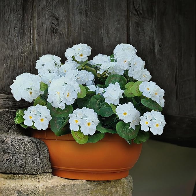 8Pcs White Artificial Geranium, Fake Outdoor Flowers, Artificial Flowers For Outdoors, White Artificial Plastic Flowers, Fake Plant For Outside, Silk Faux Flowers Planters UV Resistant For Front Porch